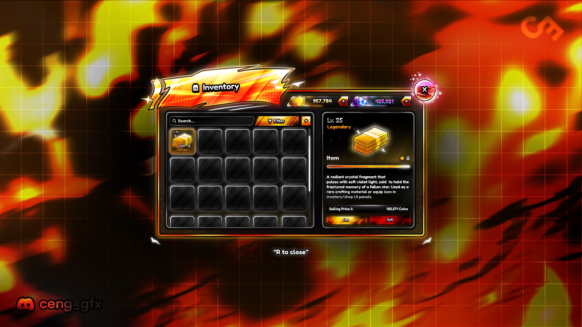 Anime Conquerors inventory screen — a grid of item slots with an item detail panel showing description, selling price, and use and sell actions