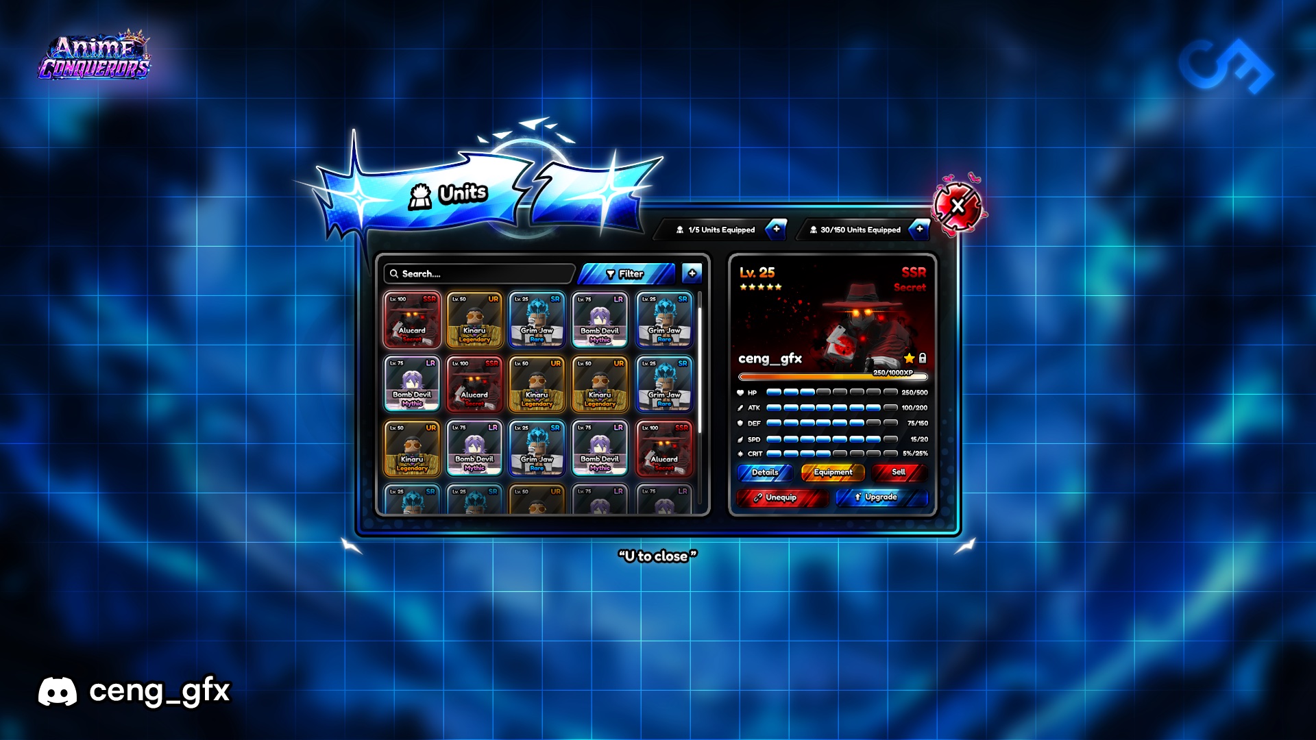 Anime Conquerors units screen — a searchable grid of owned units on the left with a detailed stat panel for the selected unit on the right