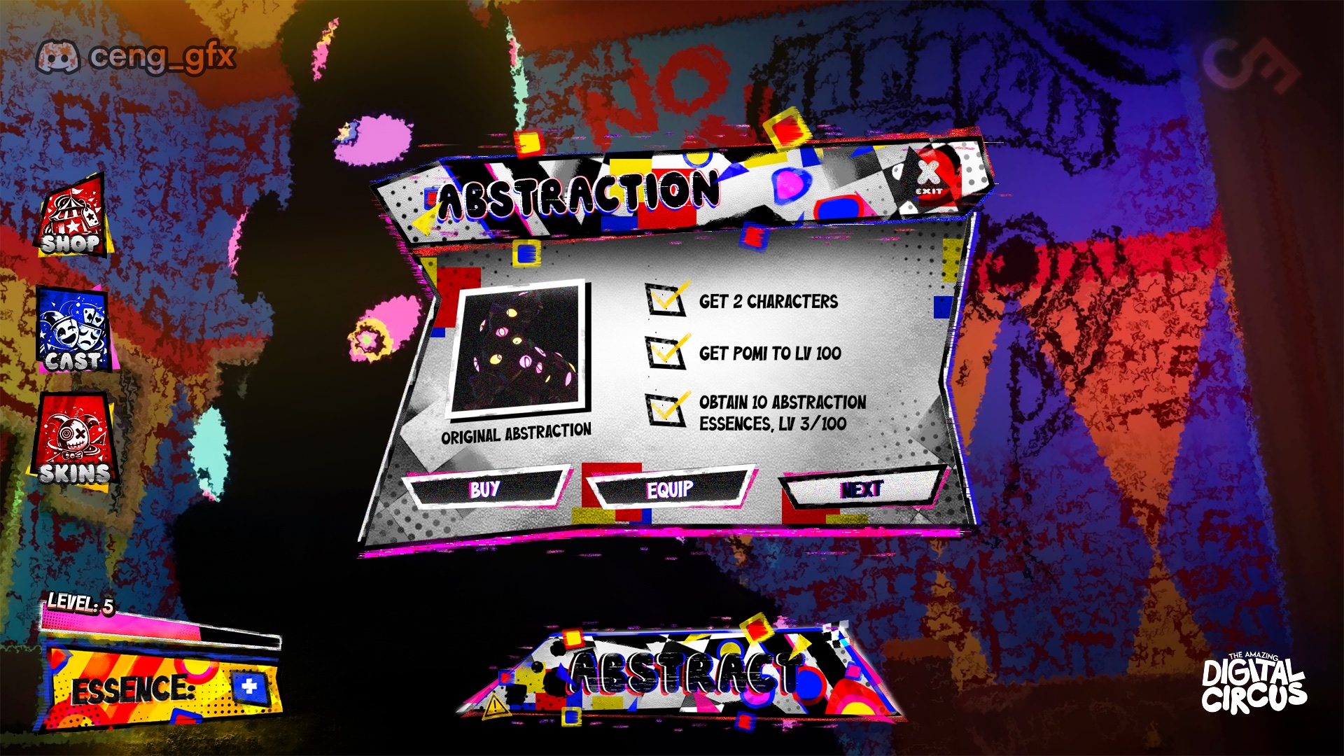 The Amazing Digital Circus abstraction screen — a preview tile beside a checklist of three unlock conditions, with buy, equip and next actions