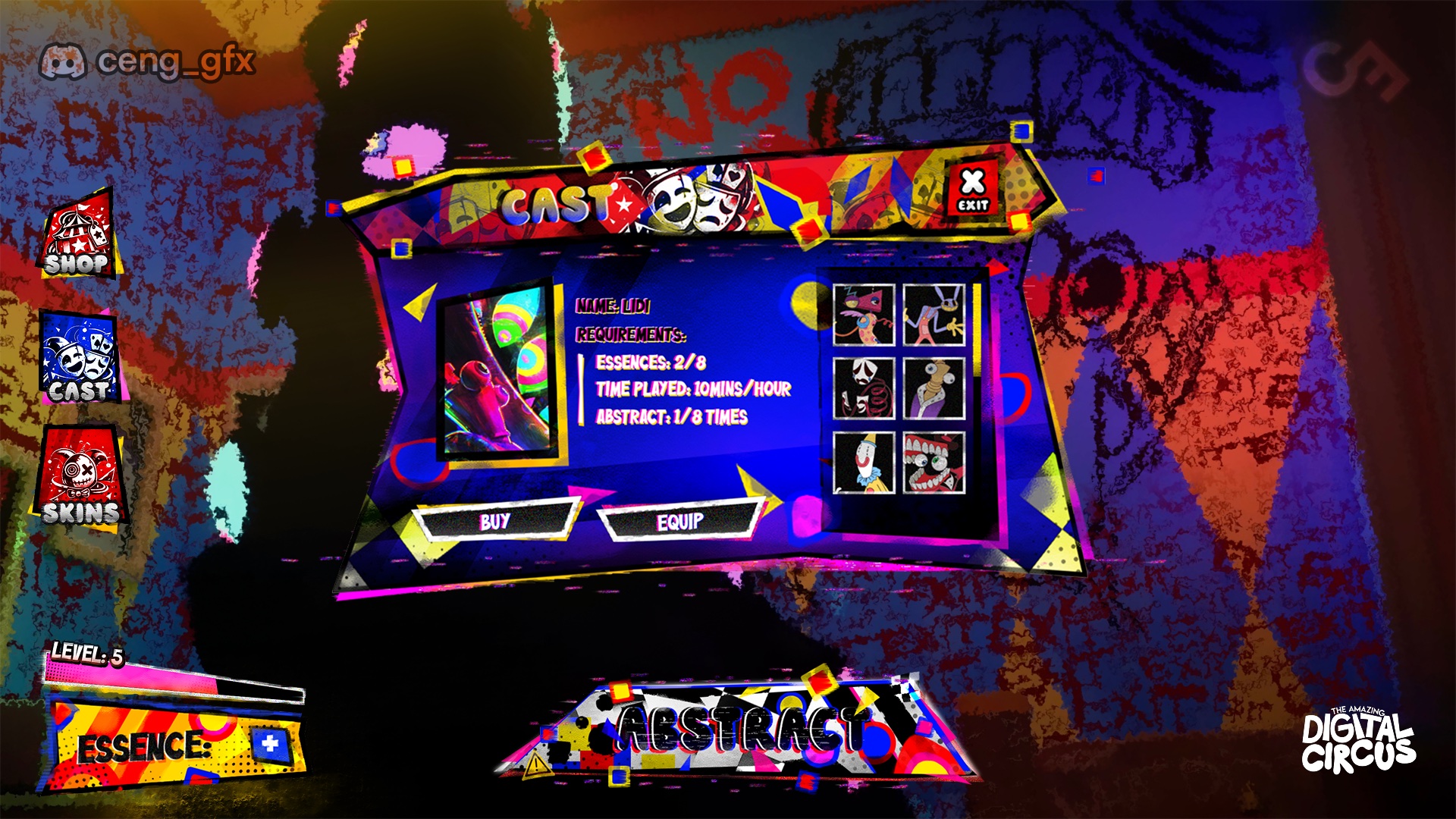 The Amazing Digital Circus cast screen — a character preview with unlock requirements, a six-tile character grid, and buy and equip actions