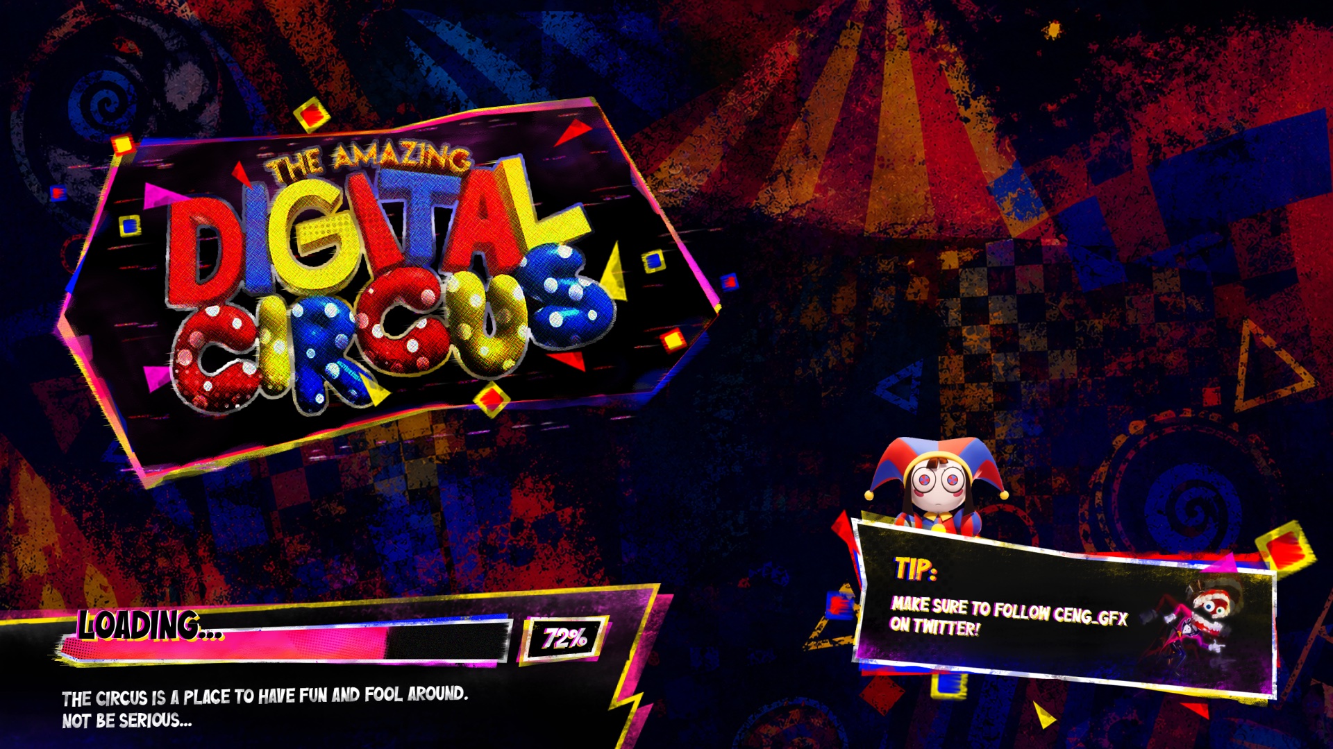 The Amazing Digital Circus loading screen — glitched logo panel, a progress bar reading 72 percent, a flavour line, and a character holding a tip card
