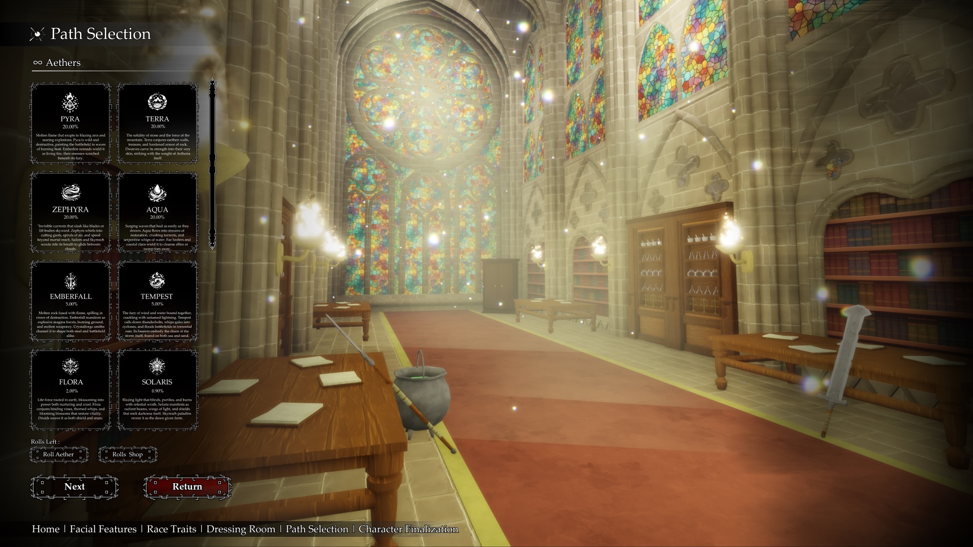 Fantasy RPG path selection screen — eight elemental aether cards with drop rates and lore text in a column, over a cathedral interior