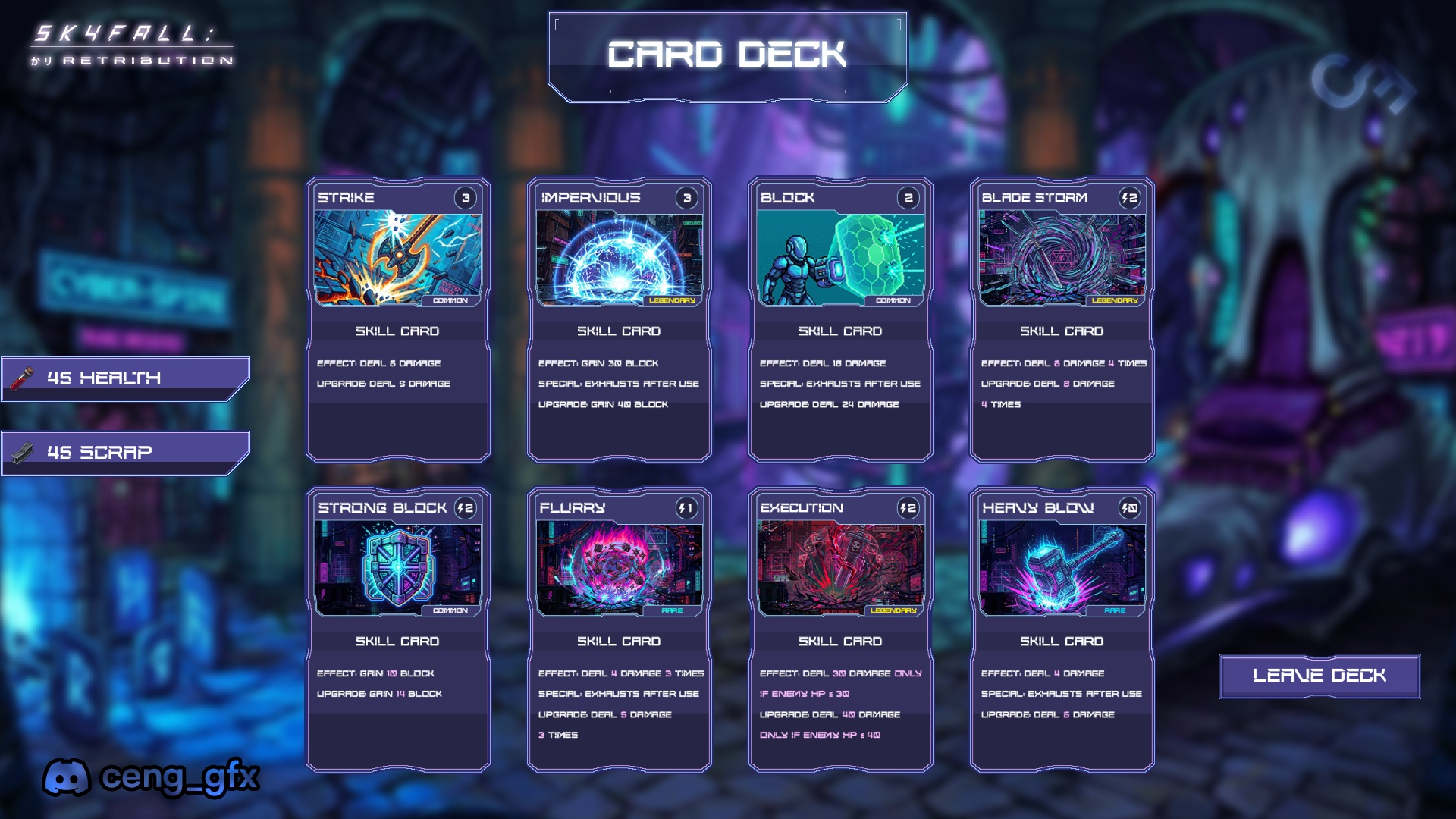 Skyfall Retribution card deck screen — eight skill cards in two rows, each showing cost, art, effect and upgrade text, with health and scrap counters on the left
